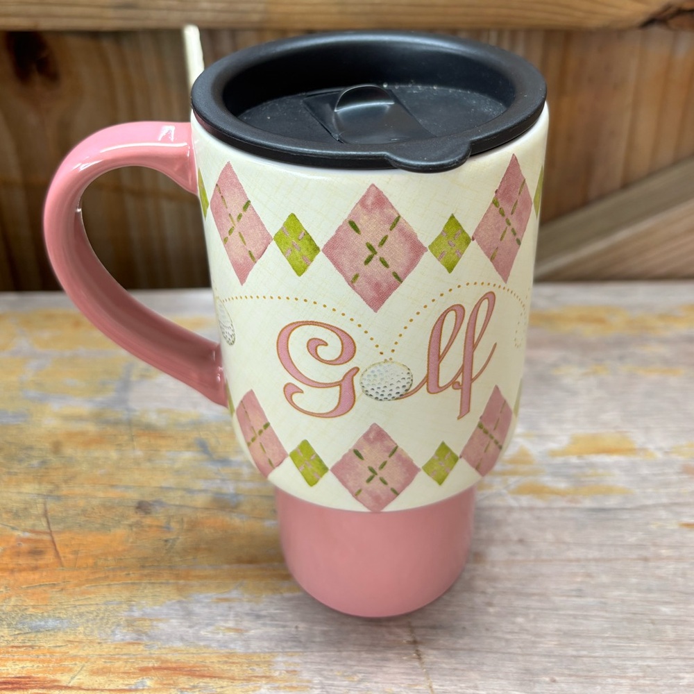 Lang Mugs Golf On The Go Pink Argyle Tall Mug & Lid Art by Paula Joerling 15oz